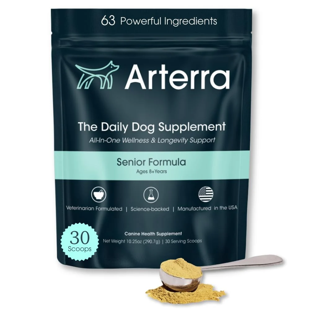 Responsible Arterra Pet Science Senior Dog Powder Supplement Food Topper – 63 Ingredients for Joint Gut Immune Brain Health 30 Scoops Enhanced