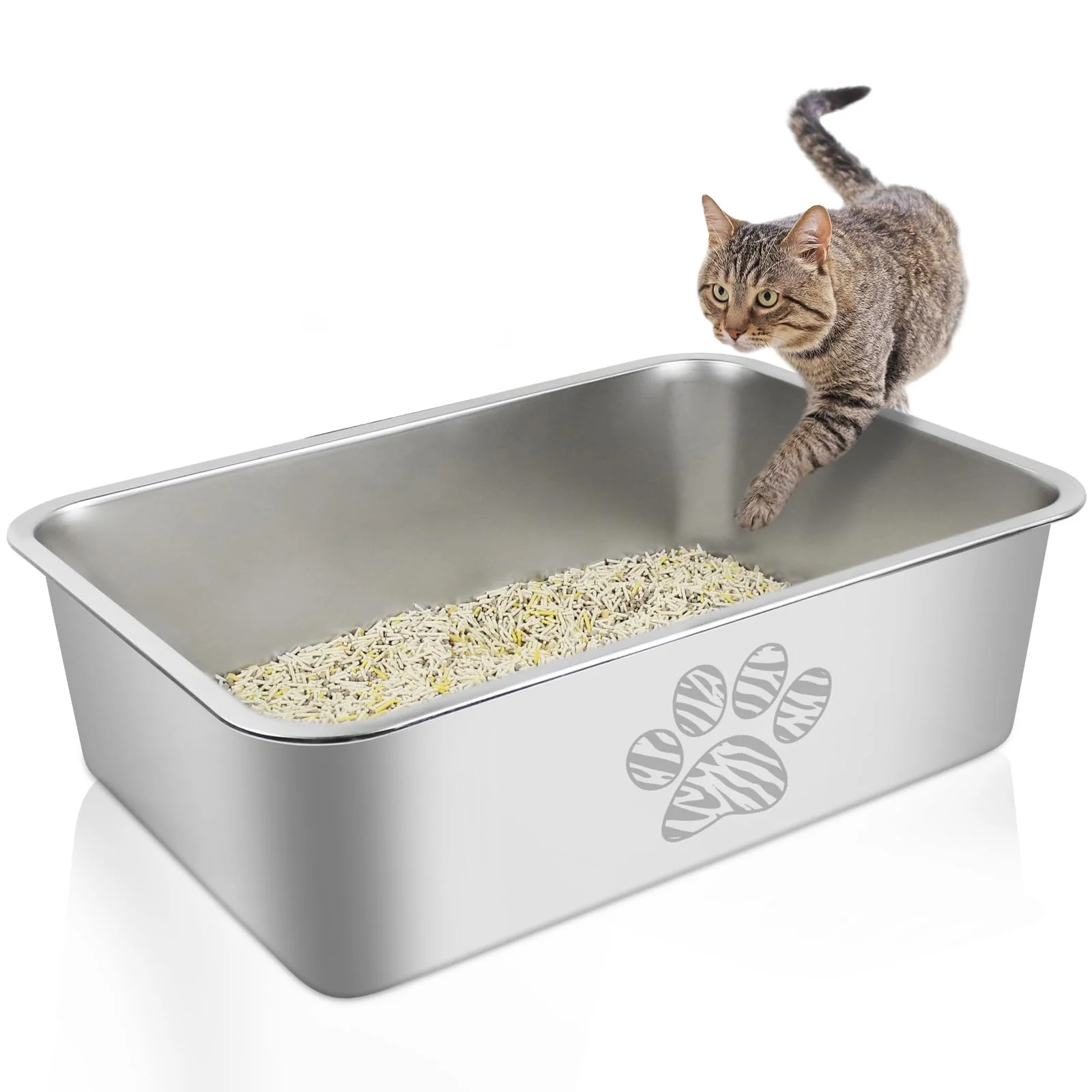 Carefully Designed PWTAA Stainless Steel Cat Litter Box High-Side Splash-Proof 19.7 x 13.8 in First-Class
