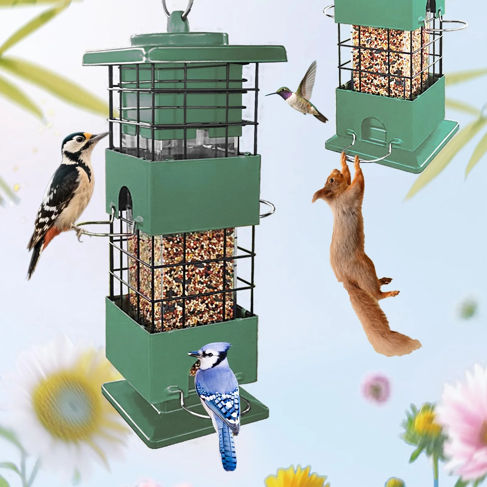 Contemporary YLTIMER Squirrel-Proof Bird Feeder – 3 lb Capacity 4 Feeding Ports Heavy-Duty Metal Outdoor Green Optimized