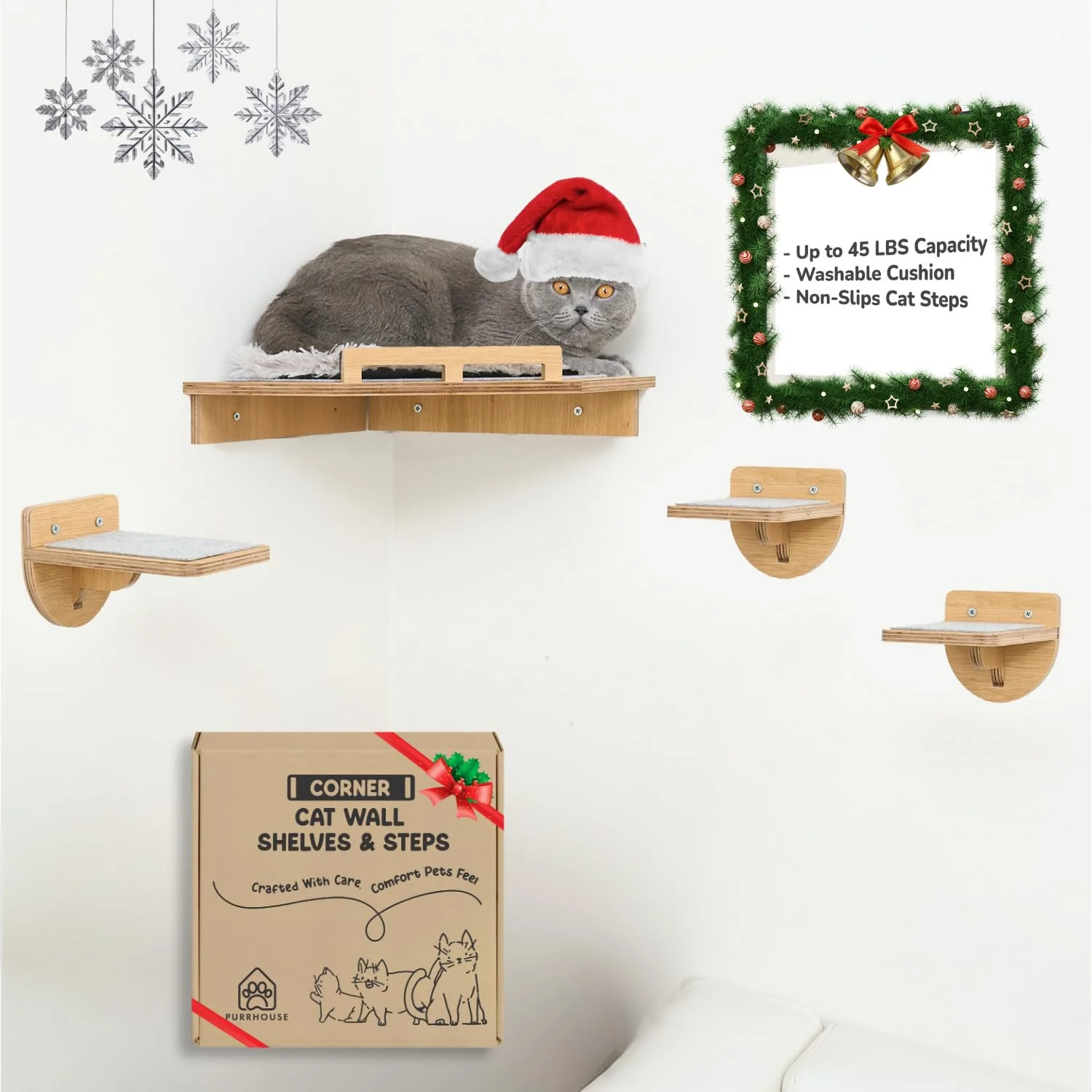 Smart PURRHOUSE Ready to Gift PurrHouse 45LBS Cat Wall Shelves – 3 Non-Slip Steps Wall Mounted Furniture for Large Cats Natural Corner Shelves Versatile