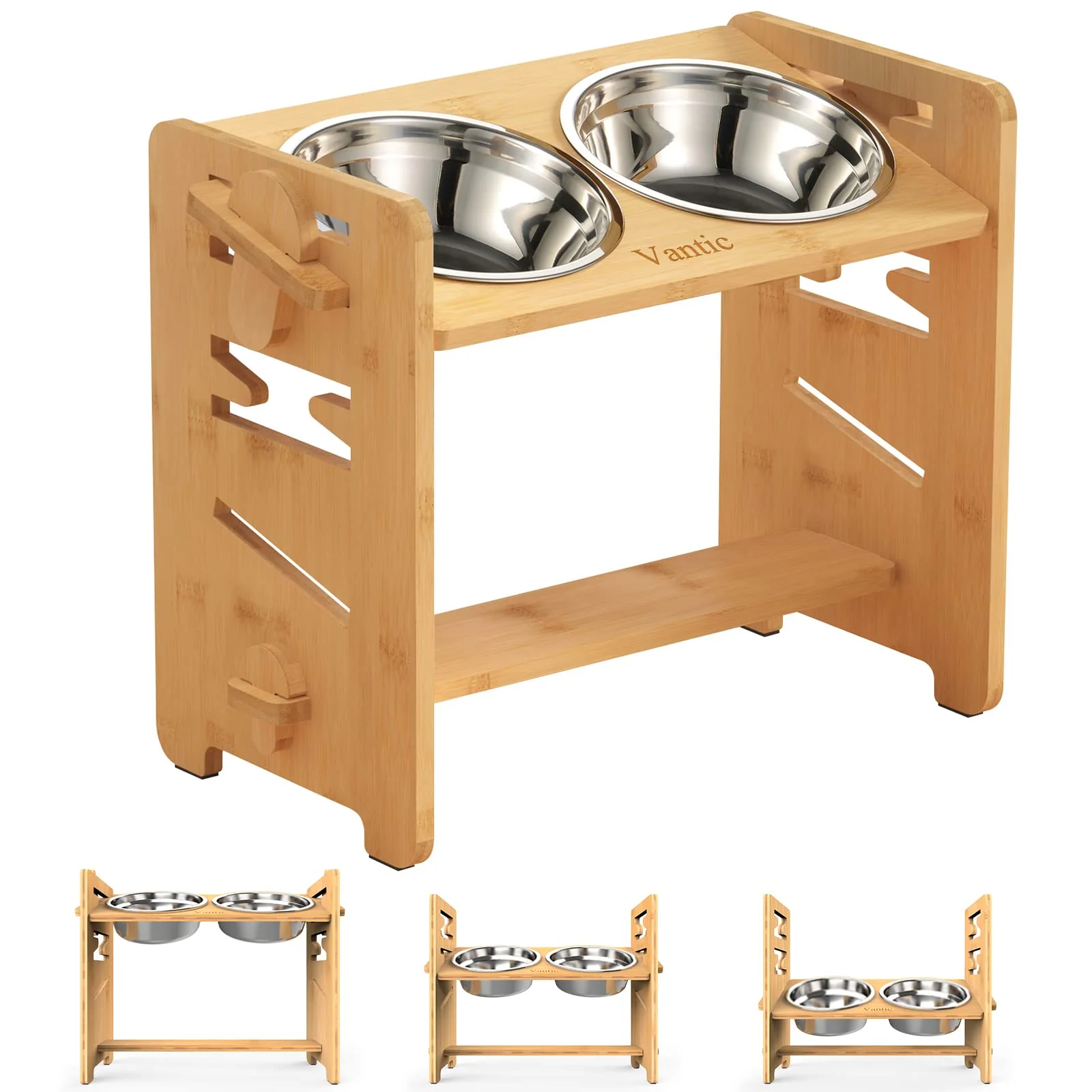 Solid Vantic d Dog Bowls – Adjustable Bamboo Raised Bowl Stand with Stainless Steel Dishes Exclusive