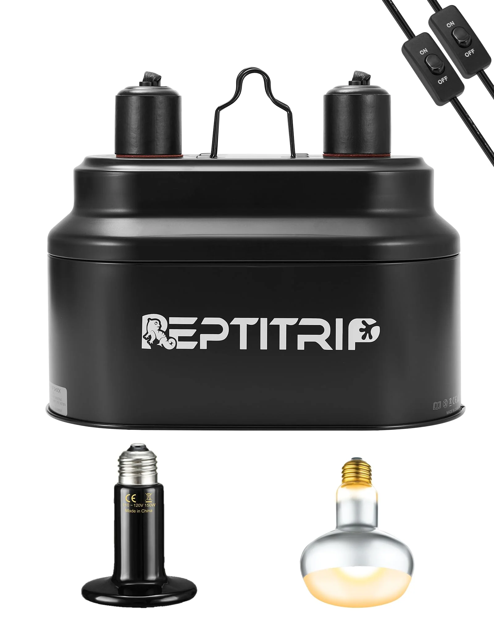 High-Performance REPTITRIP Dual Reptile Light Fixture – 100W Daytime Heat Bulb 100W Nighttime Ceramic Heat Emitter 2 Independent Switches Modern