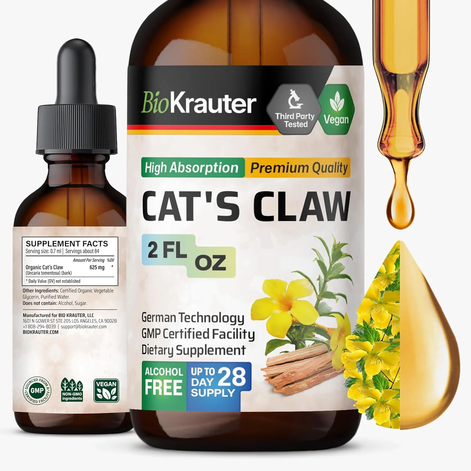 Crafted BIO KRAUTER Cats Claw Tincture - Vegan Cat's Claw Supplement - Immune Support - Alcohol Sugar Extract - Vegan Drops 2 Fl.Oz. Comfortable