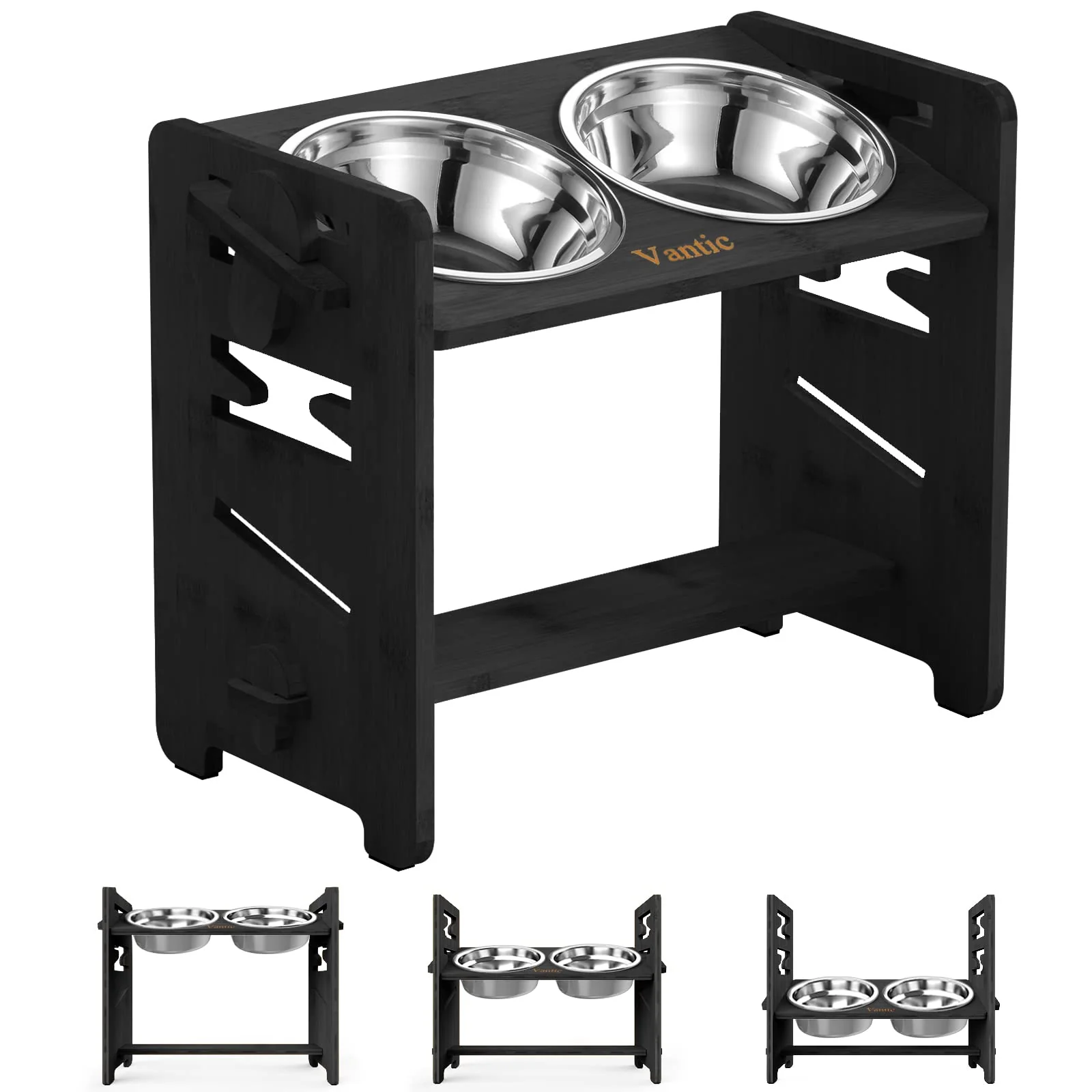 Eco-Friendly Vantic d Dog Bowls – Adjustable Raised Stand with Bamboo Stainless Steel Dishes Black Green