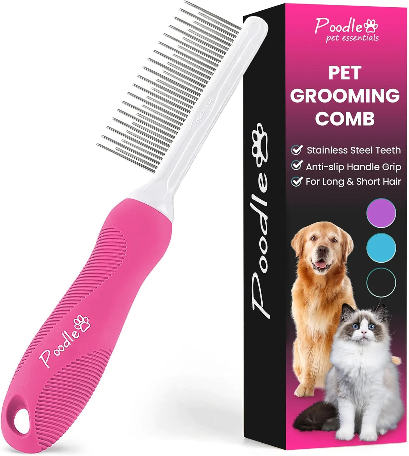Authentic Poodle Pet Detangling Pet Comb with Long Short Stainless Steel Teeth for Removing Matted Fur Knots Tangles – Detangler Tool Accessories for Safe Gentle DIY Dog Cat Grooming Pink User-Friendly