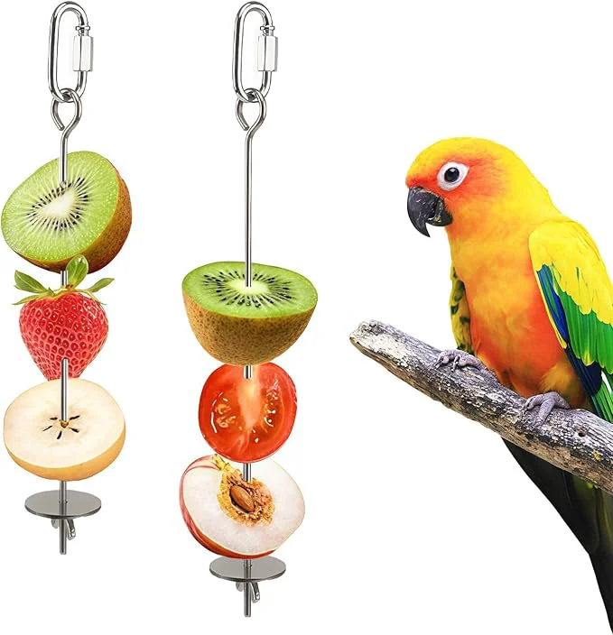 Stylish 2 Pcs Bird Cage Food Holder Stainless Steel Parrot Fruit Vegetable Skewer Sustainable