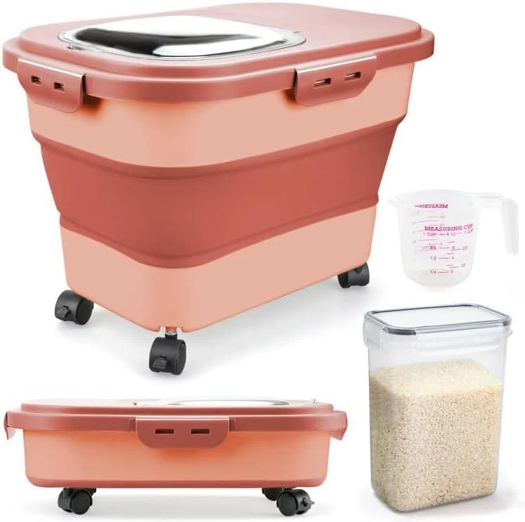 Fine Crafted Rice Storage Containers Collapsible 20 to 30Lbs Food Storage Bin Dispenser with Rolling Wheel and Clear Airtight Lid BPA Flour Sugar Ce and Dog Cat Pet food Containers Functional
