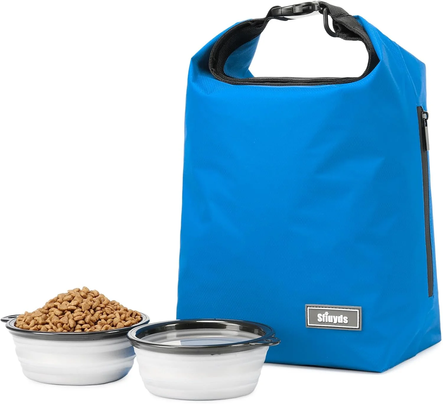 Official Pet Food Storage Bag Dog Storage Organizer Bag w 2PCS Collapsible Dog Travel Bowls and Zipper Side Blue Small Stylish