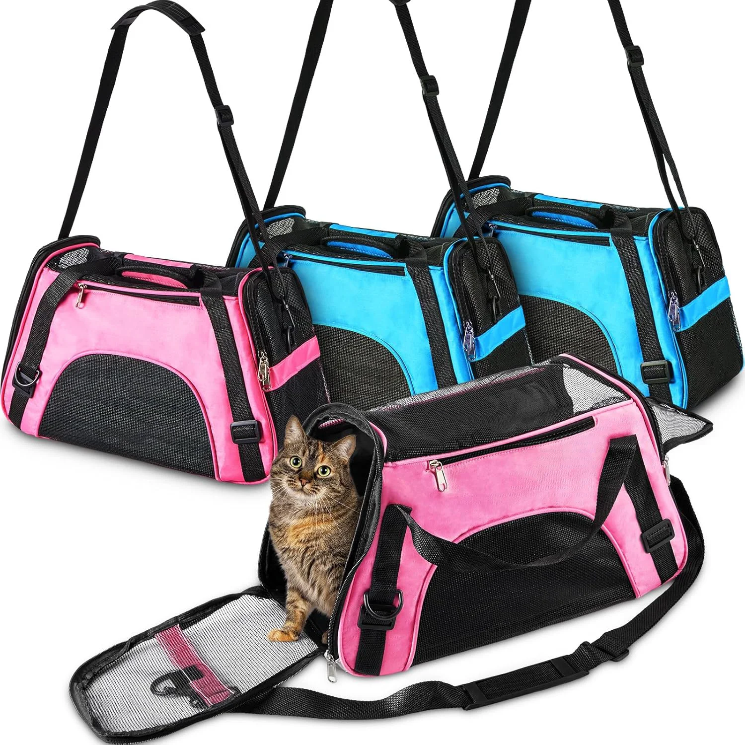 Secure Sweetude 4 Pcs Cat Carrier Soft-Sided Pet Carrying Bag for Cat Under 13 Lbs 16.9 x 11x 7.5 Inch Portable Foldable Comfortable Bag for Small Pet Travel Rose Red Blue Original Design