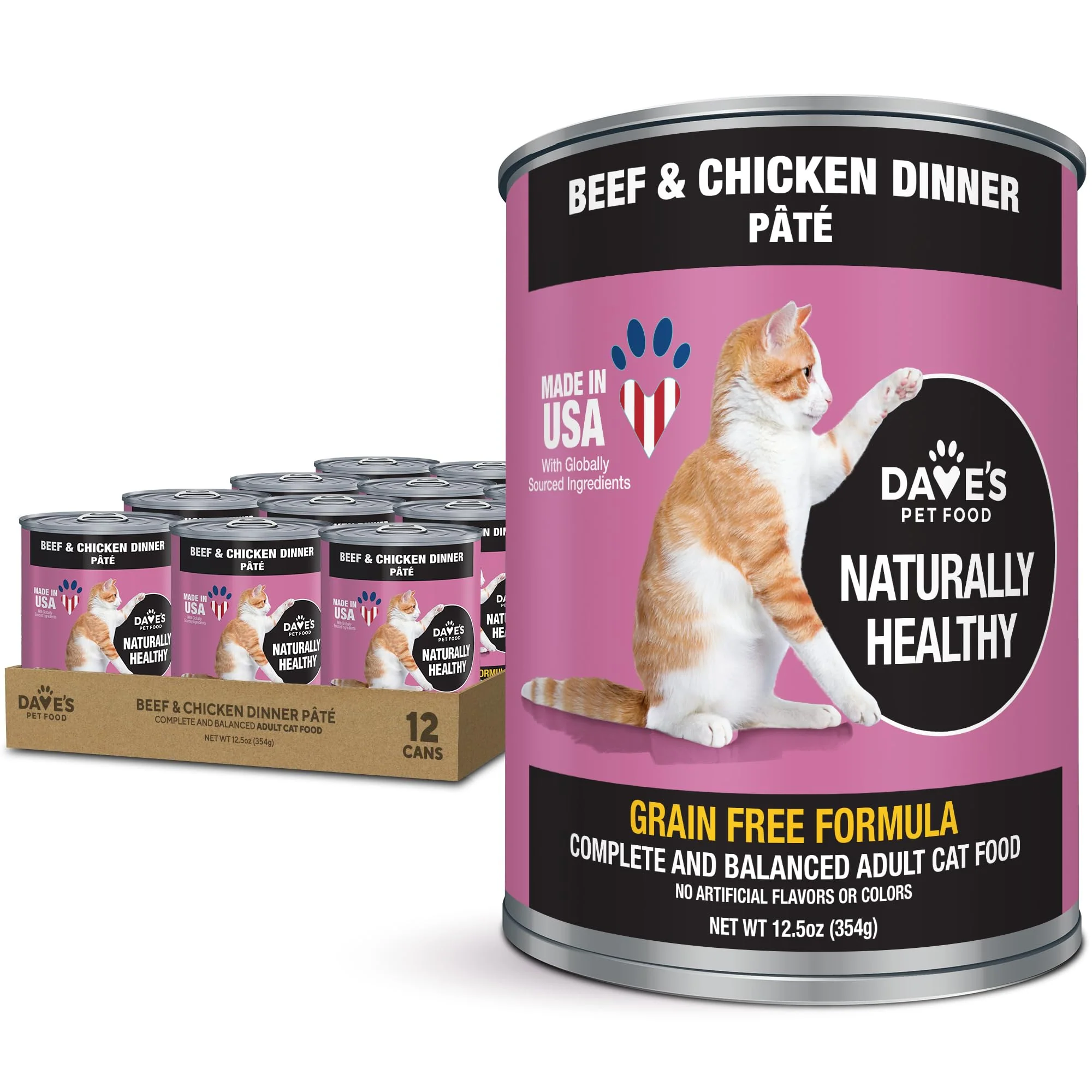 Verified Dave's Pet Food Grain Wet Cat Food Pate Beef Chicken – Made in USA 12.5 oz Cans 12-Pack Advanced