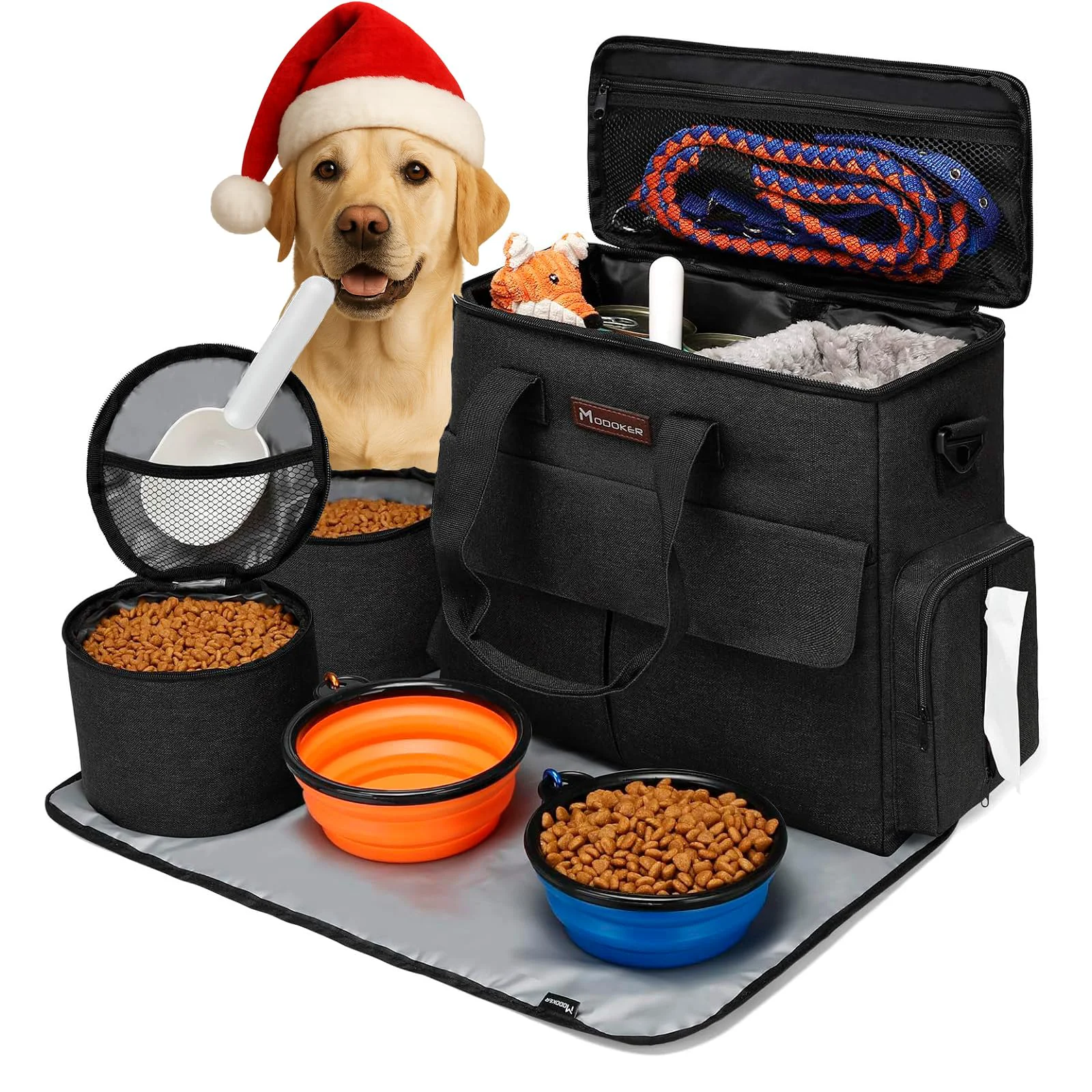 Fine Crafted Modoker Dog Travel Bag – Weekend Away Kit with Collapsible Bowls Travel Food Containers Organizer Refined
