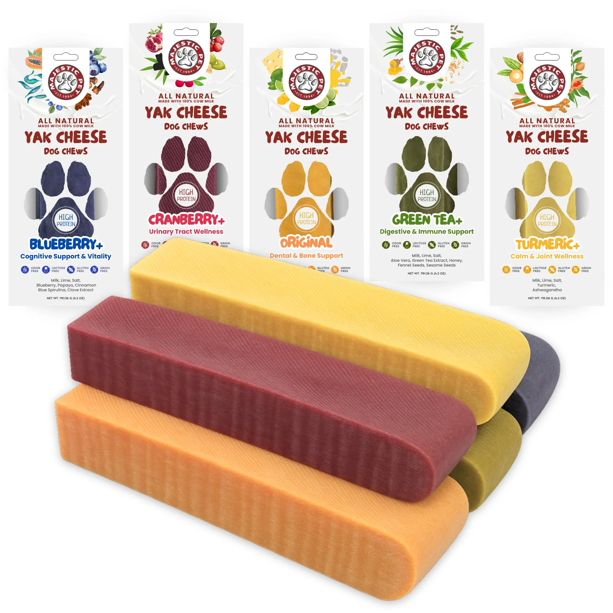 Proven Majestic Pet Himalayan Yak Cheese Dog Chews – All-Natural Long-Lasting Dental Treats 5-Pack Variety Authentic