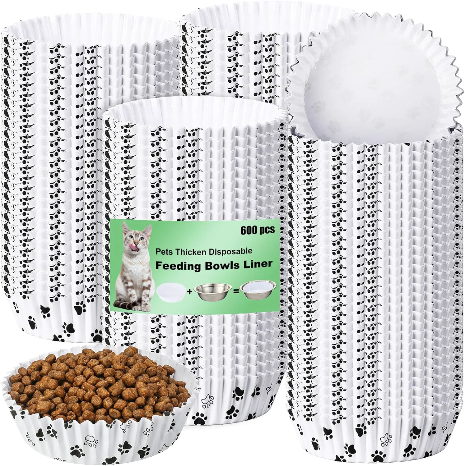 Traditional meekoo 600 Pcs Large Pet Disposable Feeding Bowls Liner Bulk Cat Food Bowls Small Paper Dish Paper Liner for Small Dogs Cats Dish Wet Food Feeding Station White Paw Premium
