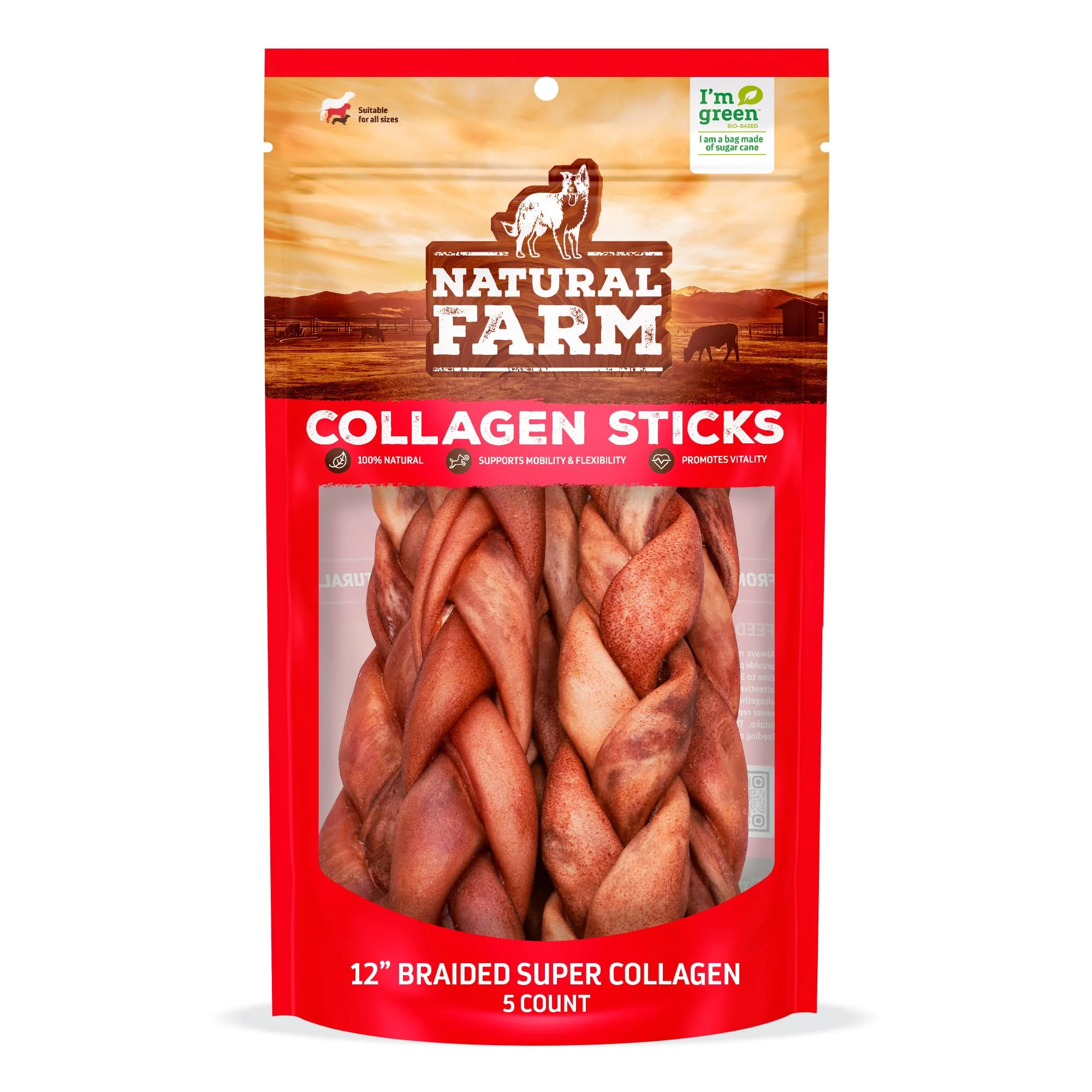 Verified Natural Farm Odor- Super Braided Collagen Dog Chews 12-Inch 5-Pack – Bull Sticks Proven
