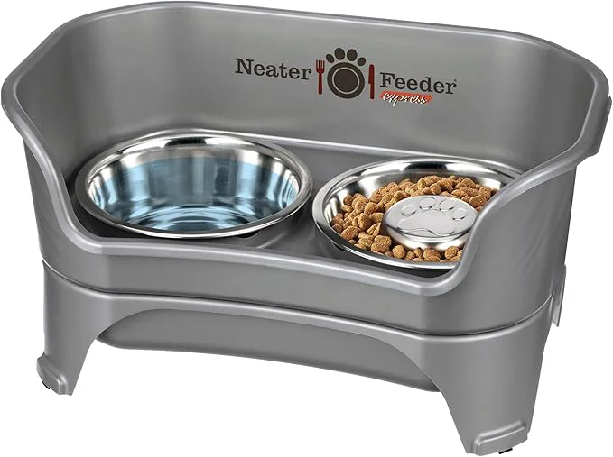 Comfortable Neater Feeder - Express Model w Slow Feed Bowl - Mess-Proof Dog Bowls M L Grey Made in USA – d No Spill Non-Tip Non-Slip Raised Stainless Steel Food Water Pet Bowls Aid DigestionAbout ThisOverview Genuine