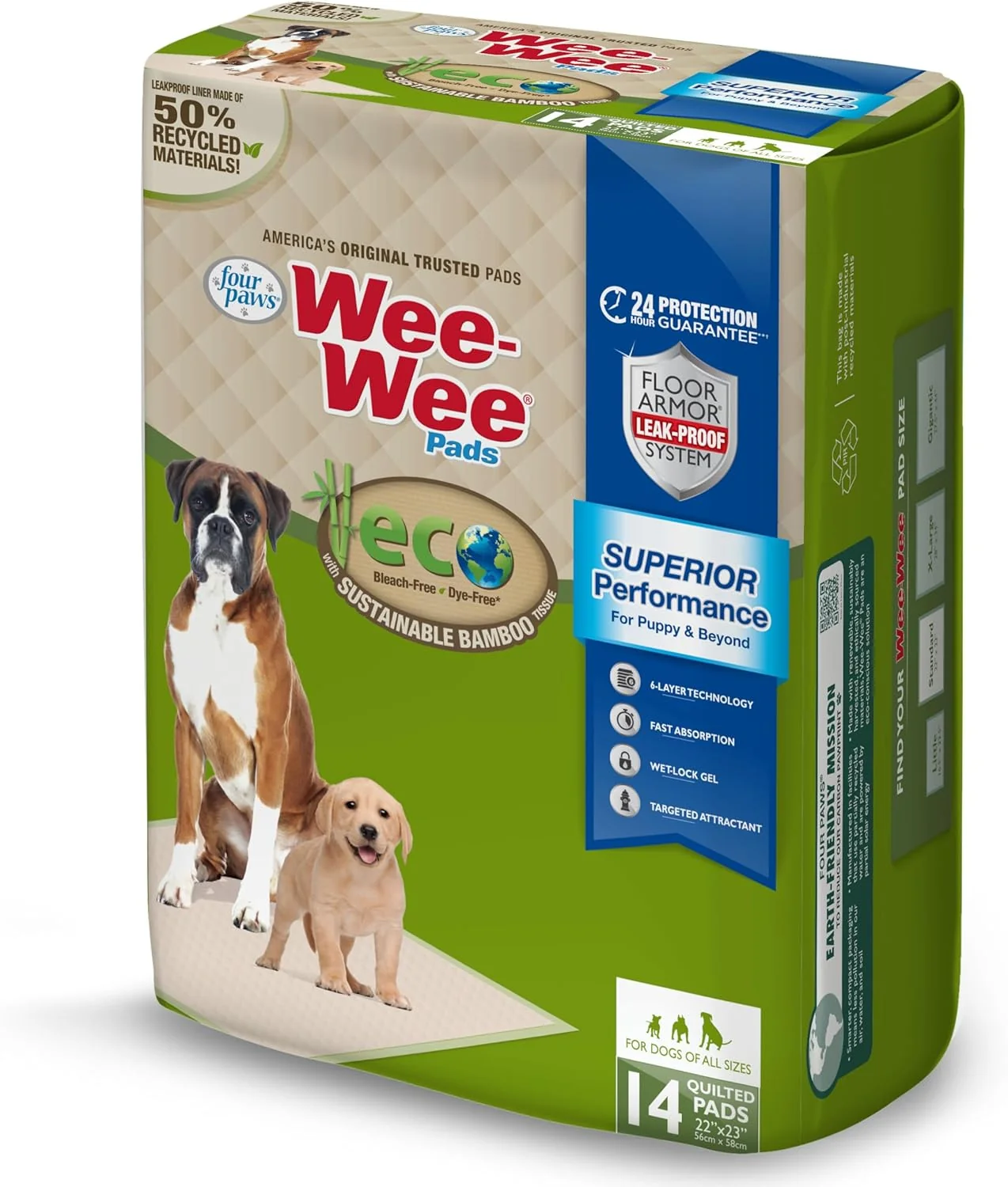 Solid Four Paws Wee-Wee Superior Performance Bamboo Pee Pads for Dogs Earth Friendly Dog Puppy Potty Training Pads Crate Liners Housebreaking Supplies 22 x 23 14 Count Specialty