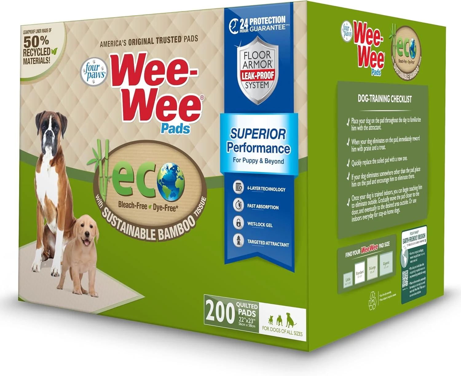 High-End Four Paws Wee-Wee Superior Performance Bamboo Pee Pads for Dogs Earth Friendly Dog Puppy Potty Training Pads Crate Liners Housebreaking Supplies 22 x 23 200 Count Minimalist