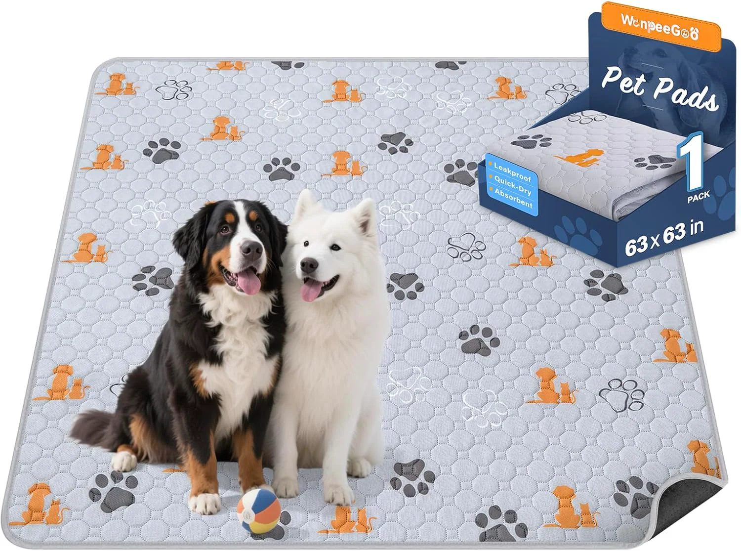 Enhanced Washable Pee Pads for Dogs 1 Pack Absorbent Reusable Training Dog Pads Pet Puppy Pads Non-Slip Potty Pads for Whelping Playpen Crate Bed Orange 63 x63 Professional