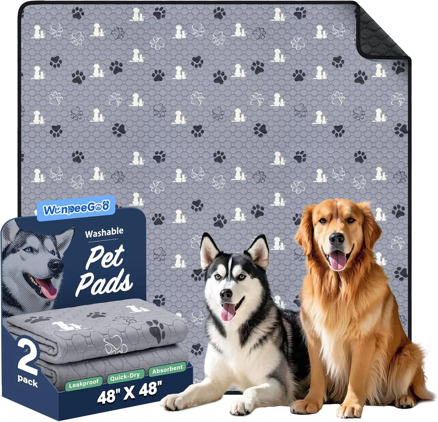 Verified Washable Pee Pads Puppy Pee Pad for Dogs 2 Pack Absorbent Reusable Training Dog Pads Pet Puppy Pads Non-Slip Potty Pads for Whelping Playpen Crate Bed Grey 48 x48 Breathable