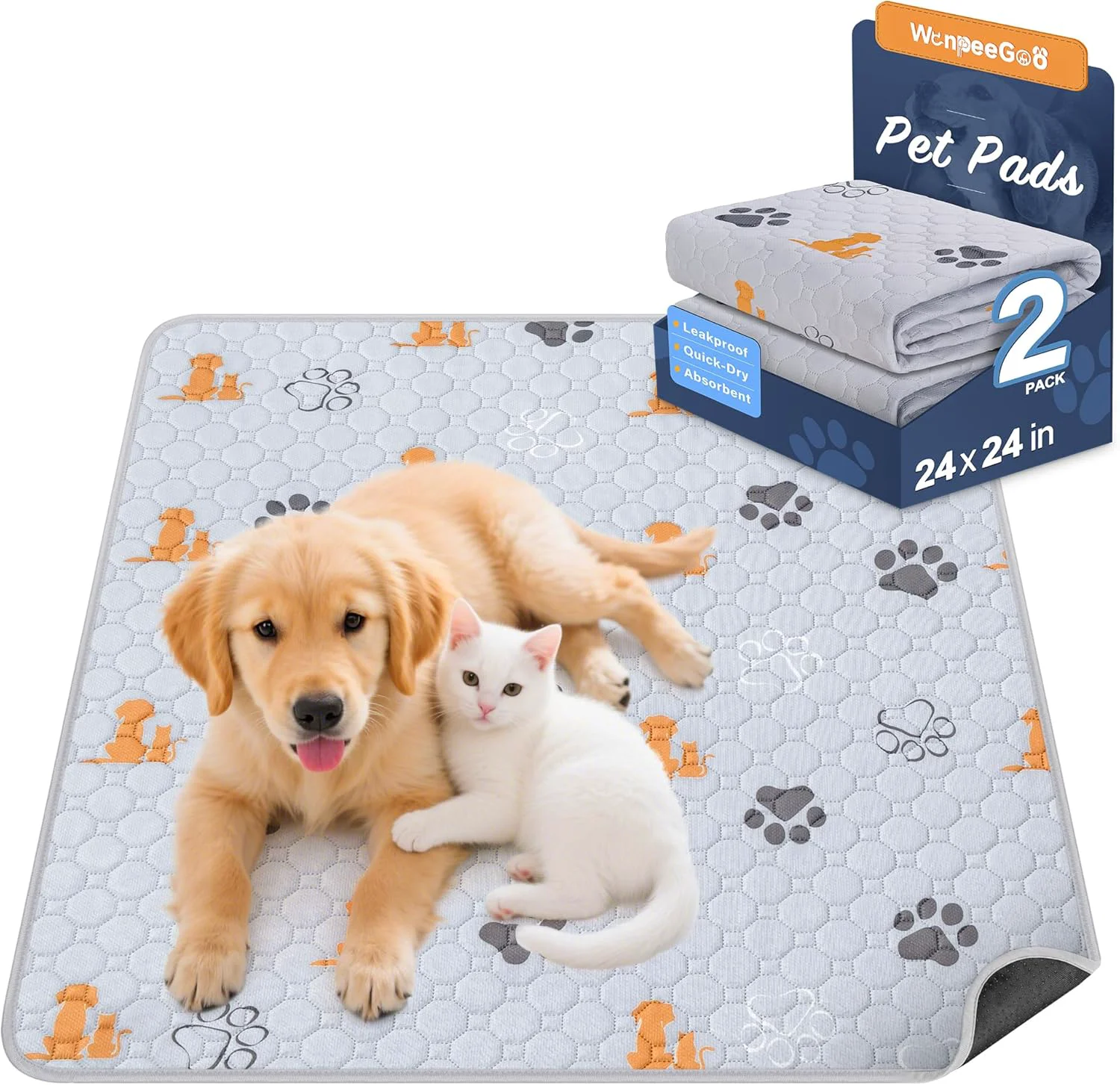 Innovative Washable Pee Pads for Dogs 2 Pack Absorbent Reusable Training Dog Pads Pet Puppy Pads Non-Slip Potty Pads for Whelping Playpen Crate Bed Orange 24 x24 Authentic