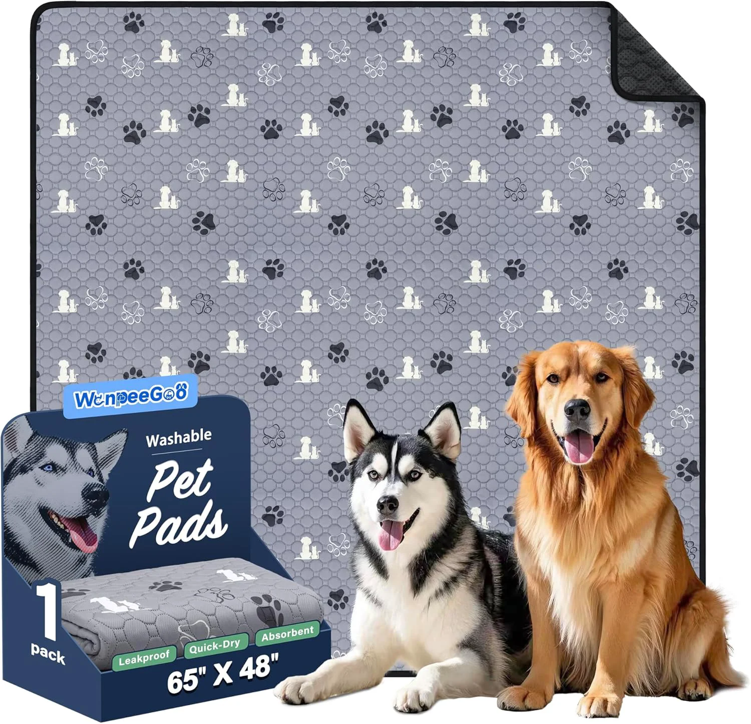 Certified Washable Pee Pads for Dogs Extra Large Dog Mat Absorbent Reusable Training Dog Pads Pet Puppy Pads Non-Slip Potty Pads for Whelping Playpen Crate Bed Grey 65 x48 Classic