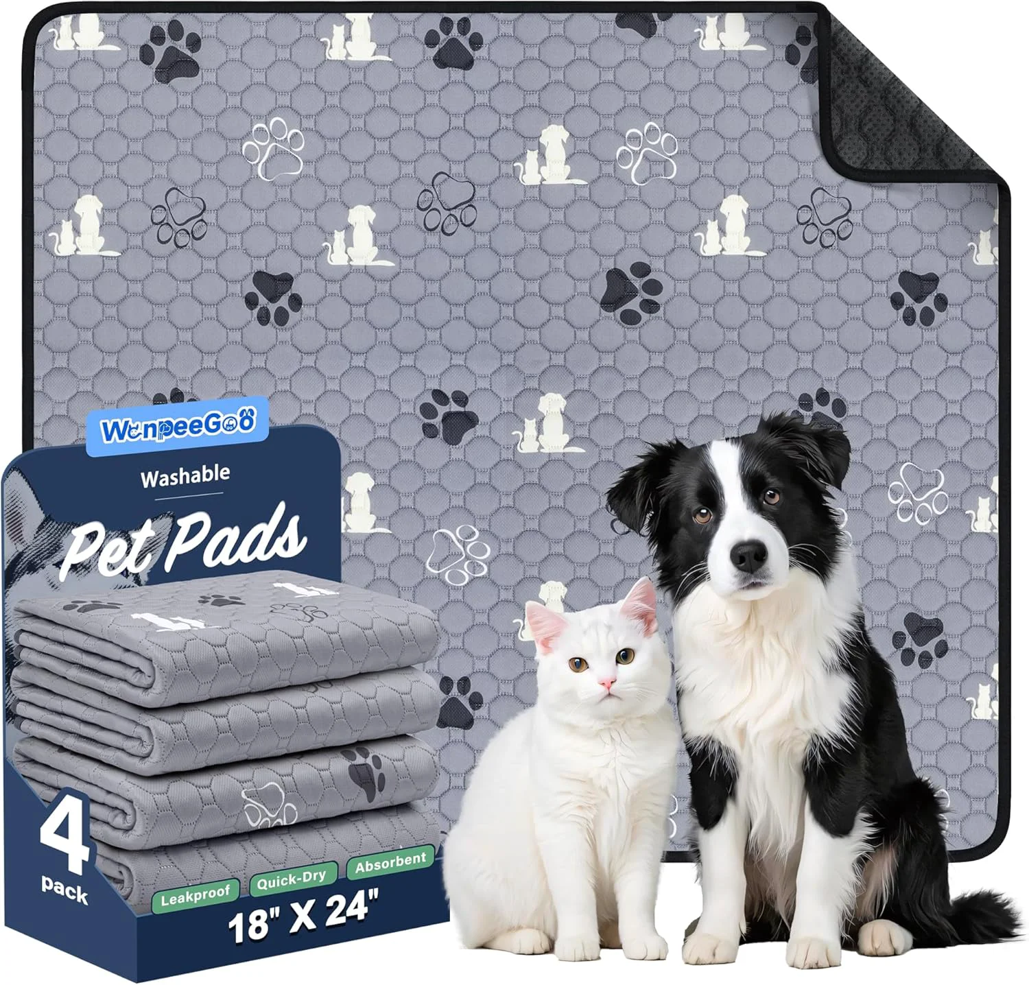 Enhanced Washable Pee Pads for Dogs 4 Pack Absorbent Reusable Training Dog Pads Pet Puppy Pads Non-Slip Potty Pads for Whelping Playpen Crate Bed Grey 18 x24 Durable