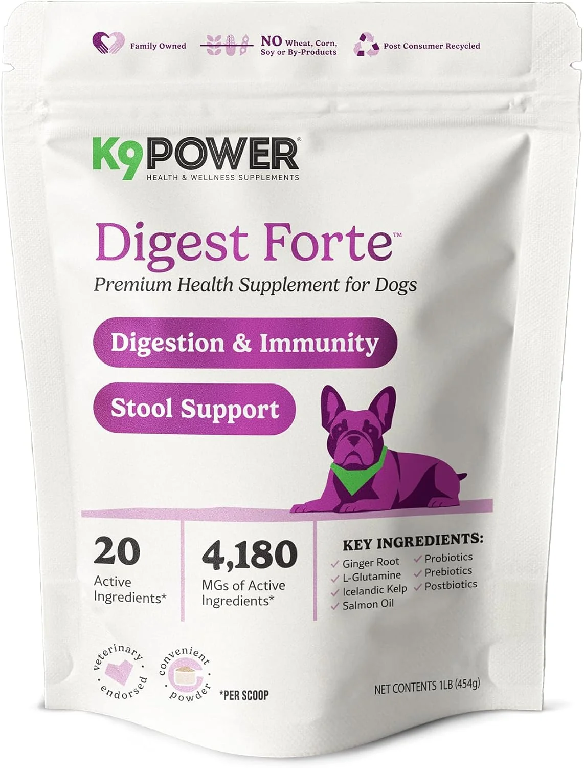 Eco-Friendly K9 Power Digest Forte for Dogs 1lb – Digestive Immunity Calming Support - Enhances Nutrient Absorption - Balances Gut Flora - Eases Discomfort Boost Mood Sophisticated