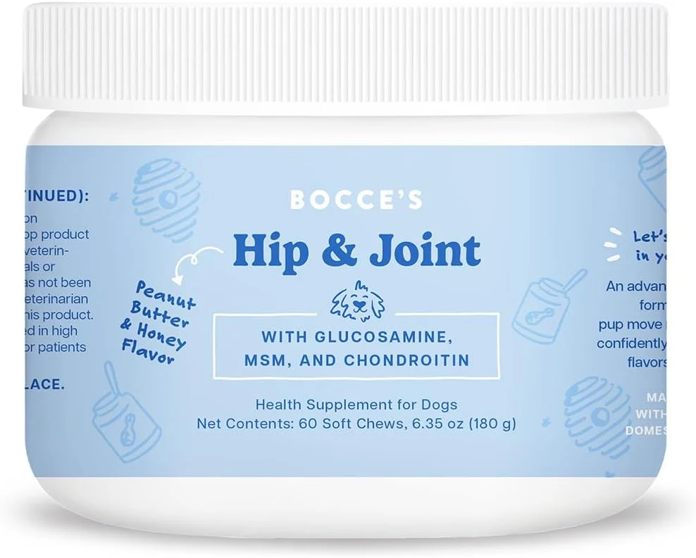 Professional Bocce's Bakery Hip Joint Supplement for Dogs Daily Chews Made in The USA with Glucosamine MSM and Chondroitin Supports Healthy Joints Peanut Butter Honey 60 ct Consistent