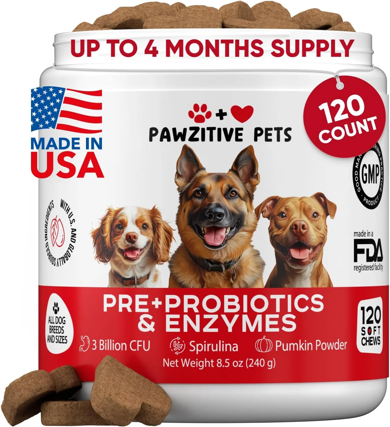 Long-Lasting Probiotics for Dogs Digestive Health - Probiotic Chews for Gut Health Itchy Skin Yeast Diarrhea - USA Product - Immune Support Supplement - Dog Digestive Support Allergy Relief Chews with Enzymes Detailed