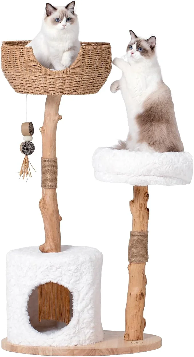 Soft Cat Tree Tower with Two Branches 44 INCH Wood Modern Cat Tower with Superior