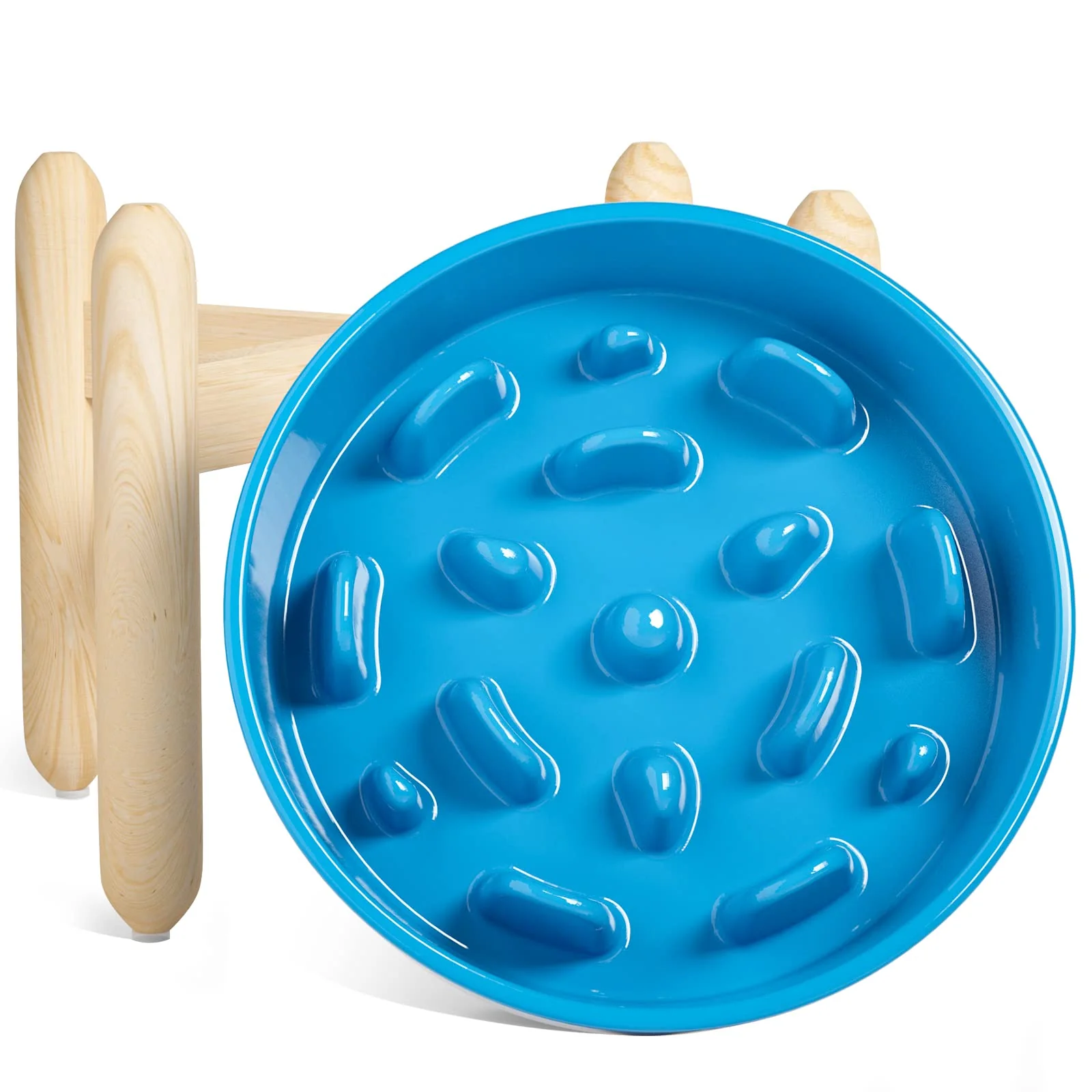 Advanced LE TAUCI Ceramic Slow Feeder Dog Bowl — d 3-Cup Wooden Stand Vortex Blue Healthy