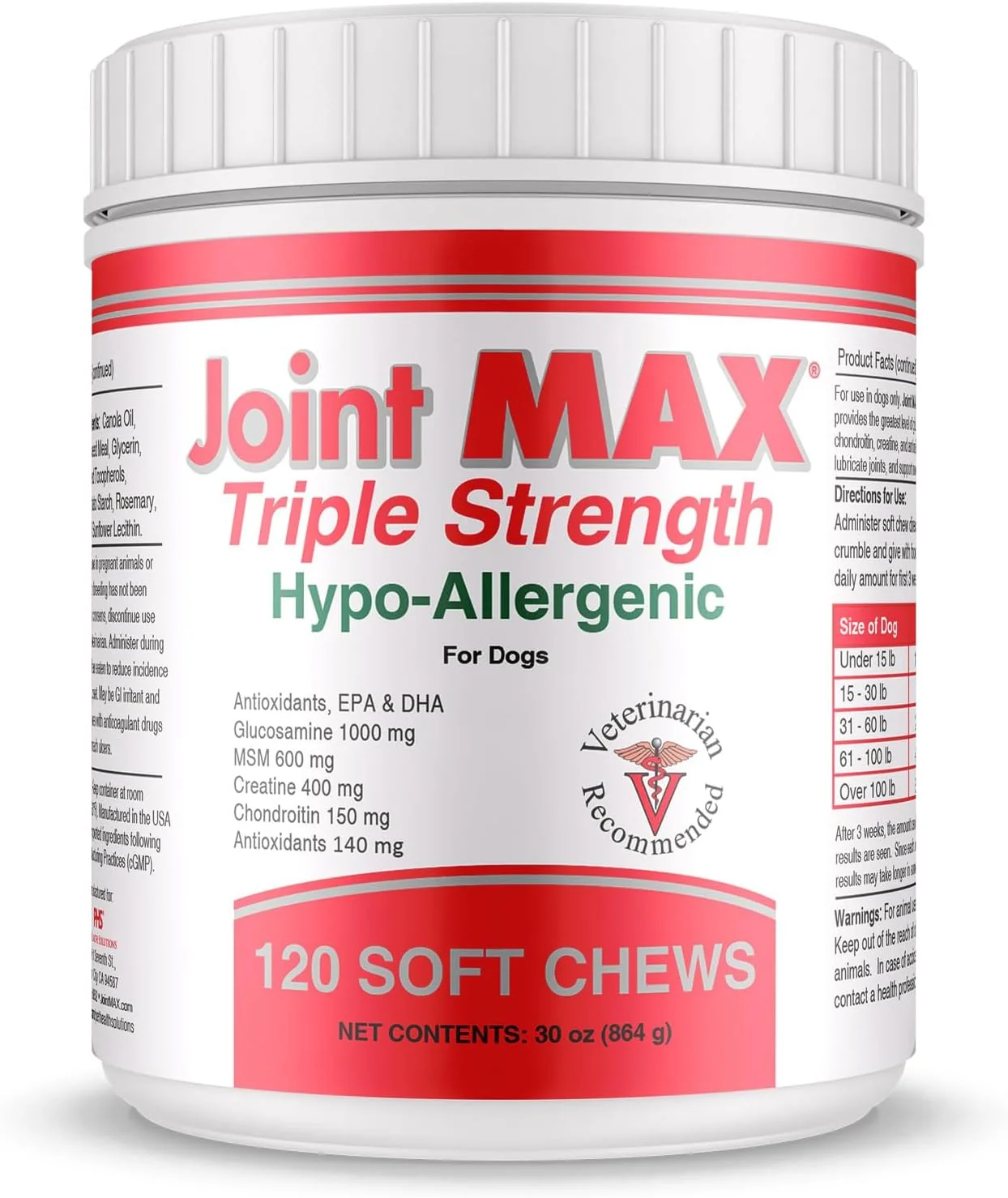 User-Friendly Triple Strength Hypo-Allergenic Soft Chews for Dogs - Hip and Joint Support Supplement with Glucosamine Chondroitin MSM - Made in The USA - 120 Soft Chews Refined