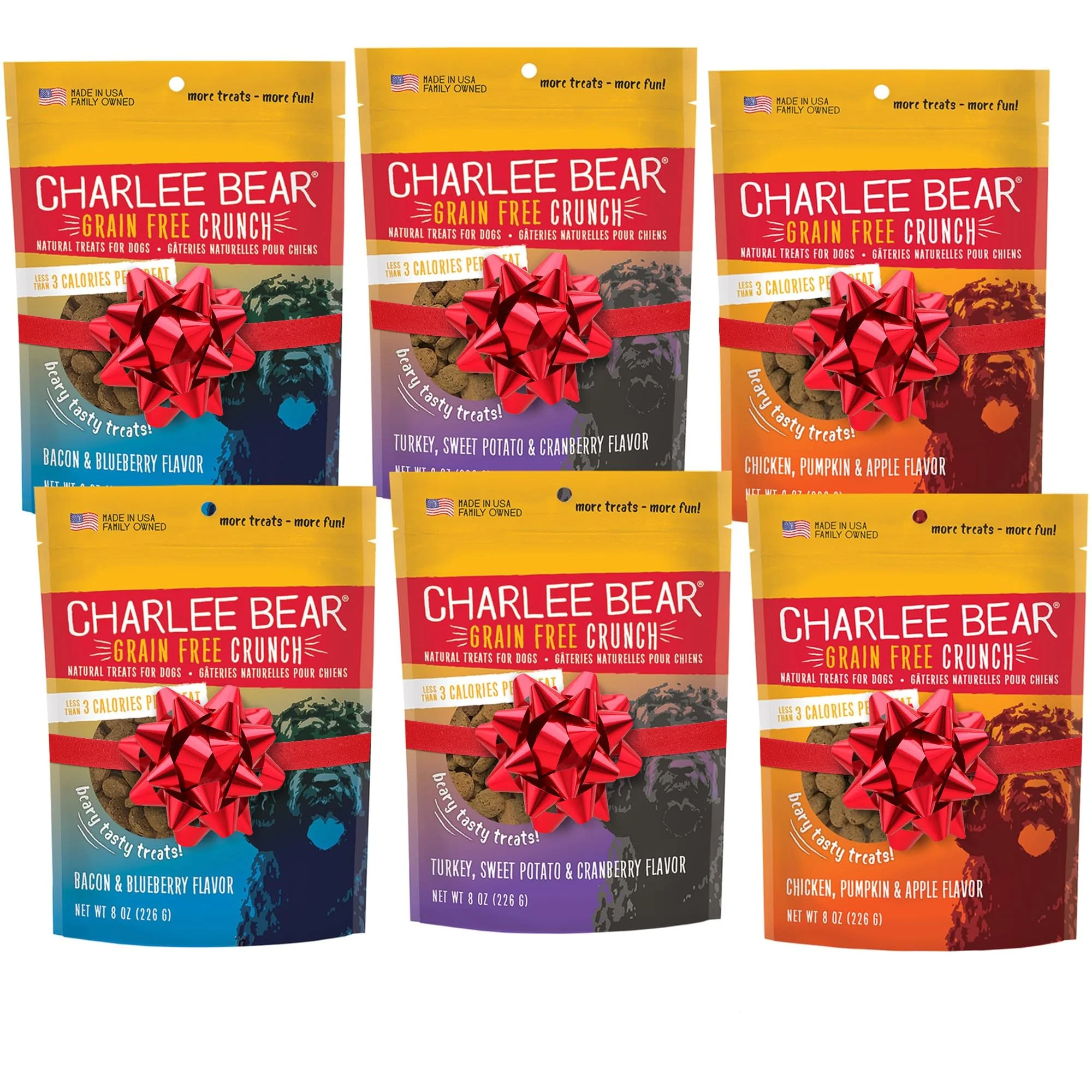 Enhanced Charlee Bear Training Treats for Dogs — Low-Calorie Grain- USA Made 3-Flavor Variety 6 Pack 8oz Each Responsible