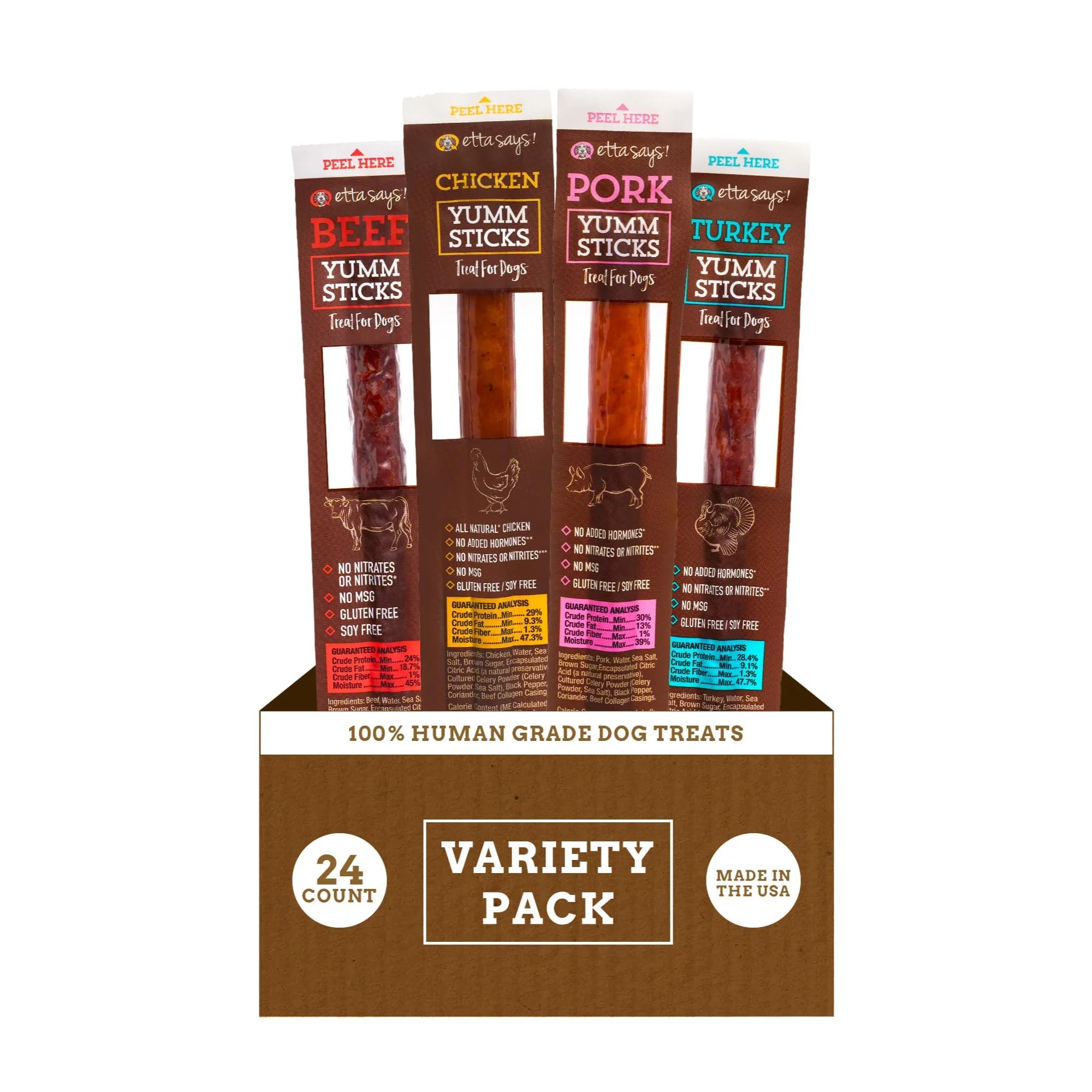 Selected etta says Yumm Sticks - Meat Dog Jerky Treats Variety Pack Beef Chicken Pork Turkey - 24 Count - USA Made Durable