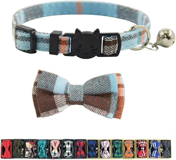 Contemporary Cat Collar Breakaway with Bell and Bow Tie Plaid Design Adjustable Safety Secure