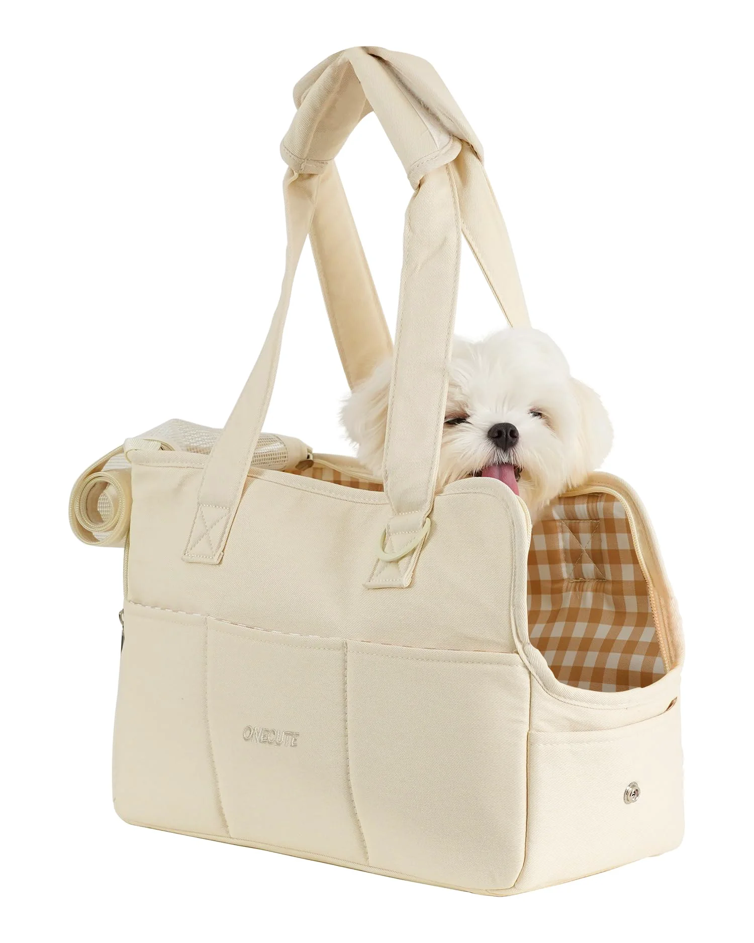 Casual ONECUTE Dog Purse Carrier for Small Dogs Cats – Soft Sided Travel Carrier with Large Pockets Beige Smooth