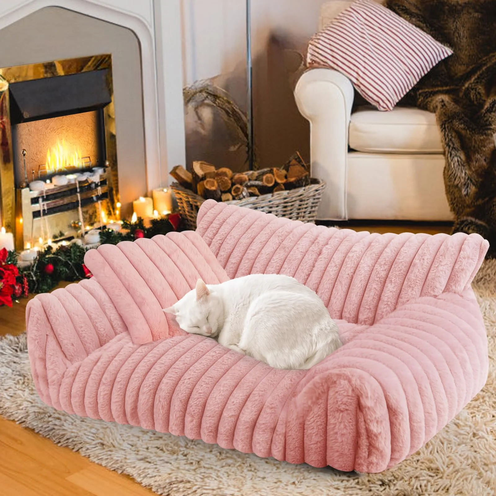 Wn's Day Cute Cat Couch Bed - Pink 30x20x10 Soft Corduroy Fleece Removable Washable Cover Effective