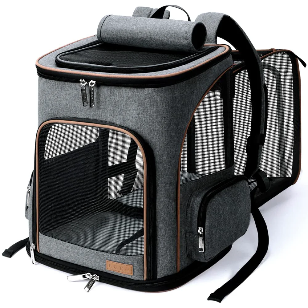 High-Performance Lekereise Large Cat Backpack Expandable Pet Carrier Backpack for Small Dogs Medium Cats – Grey Genuine