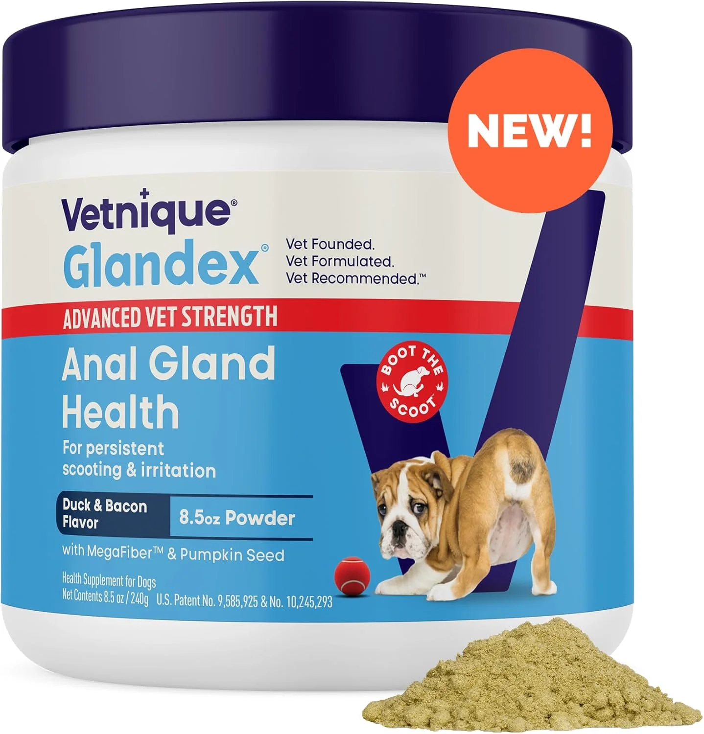 High-End Glandex Dog Fiber Supplement Powder for Anal Glands with Pumpkin Digestive Enzymes Probiotics - Regular or Advanced Strength - Boot The Scoot 8.5 oz Advanced Strength Duck Bacon World-Class