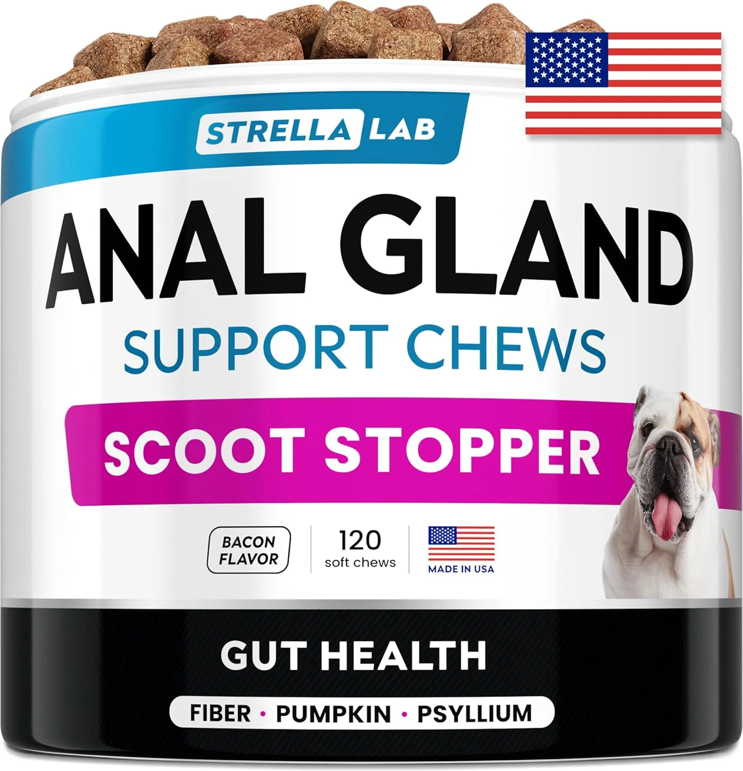 Eco-Friendly STRELLALAB Anal Gland Support Chews - Scoot Treatment - Digestive Enzymes Prebiotics Fiber Supplement for Dogs Digestion Gut Health. Proprietary Blend of Beet Psyllium Dandelion Pumpkin 120Ct Minimalist