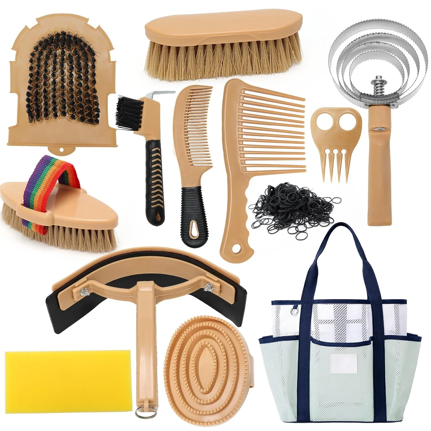 Casual Horse Grooming Kit for Bathing 13Pcs Horse-Brush Set with Mesh Bag Shower Brushes Braiding and Curry Comb Sweat Scraper Hoof Pick Shedding Massaging Tool Supplies for Riders Beginners Original