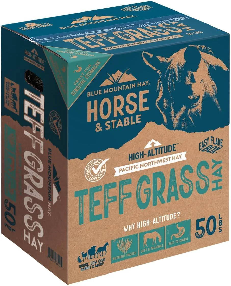 Fashionable Blue Mountain Hay High-Altitude Teff Grass Hay 50lb Easy Flake Box - Low NSC High Fiber for Easy Digestion and Weight Management - I for Horses Goats Rabbits Guinea Pigs Other Small Pets Advanced
