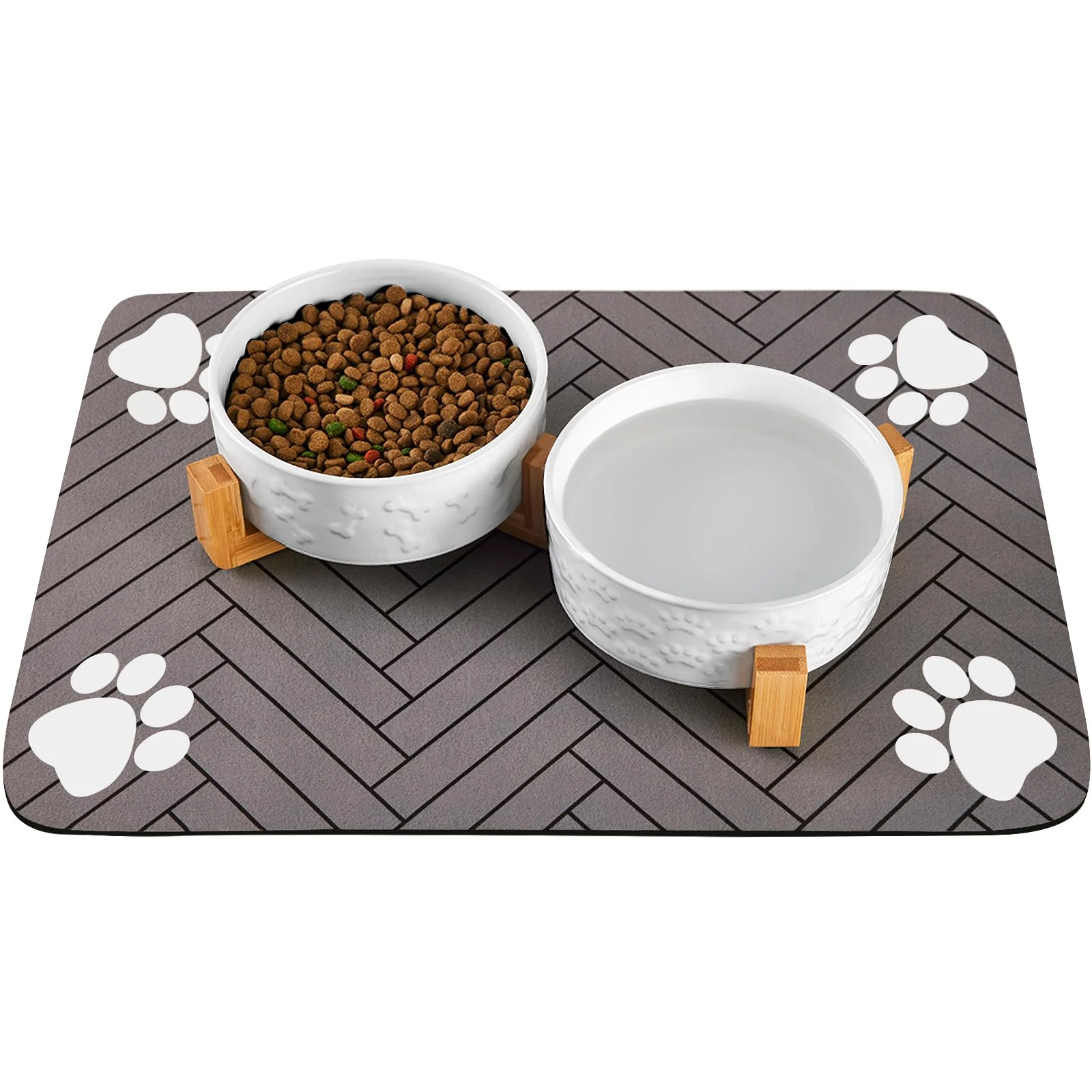 Traditional Xihan d Dog Bowls Set with Wood Stand Mat — Ceramic Dual Bowls 3.5 Cup Each Non-Slip Detailed