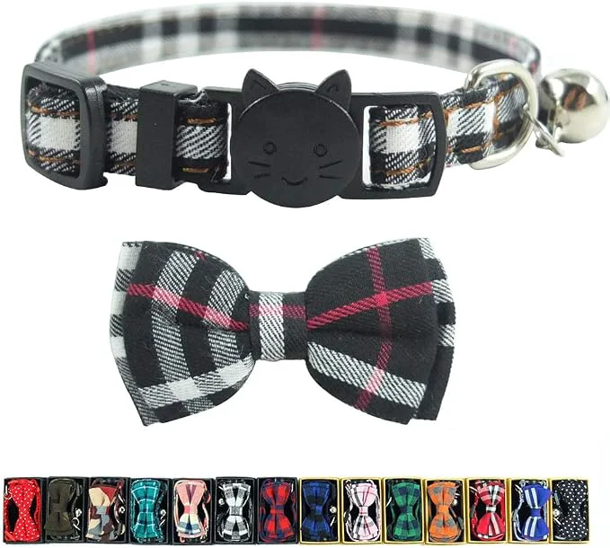 Artisan Cat Collar Breakaway with Bell and Bow Tie Plaid Design Adjustable Safety Practical
