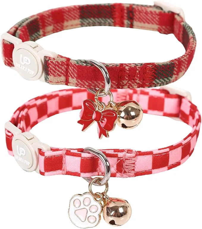Exclusive Cat Collar-2Pack Autumn Orange Plaid Kitten Collars-Halloween Plaid Breakaway Specialty