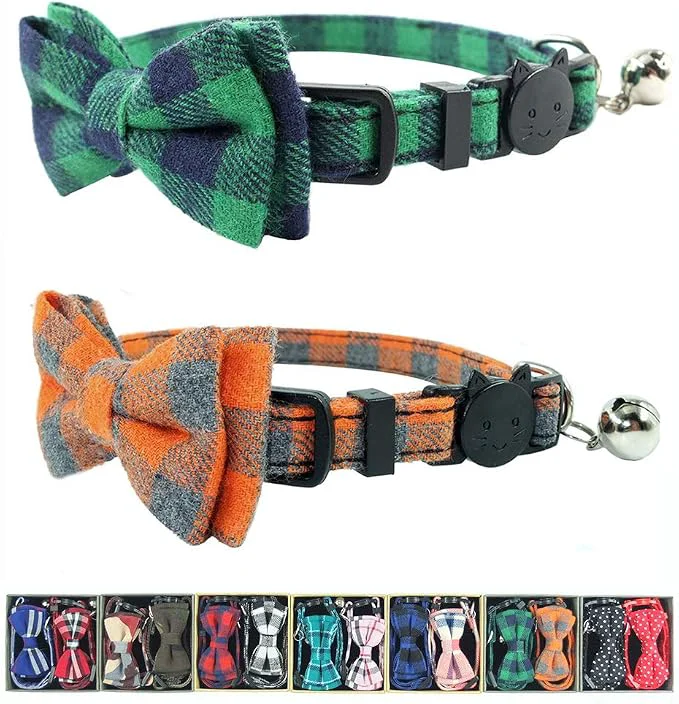 Casual Cat Collar Breakaway with Bell and Bow Tie Plaid Design Adjustable Safety Exclusive