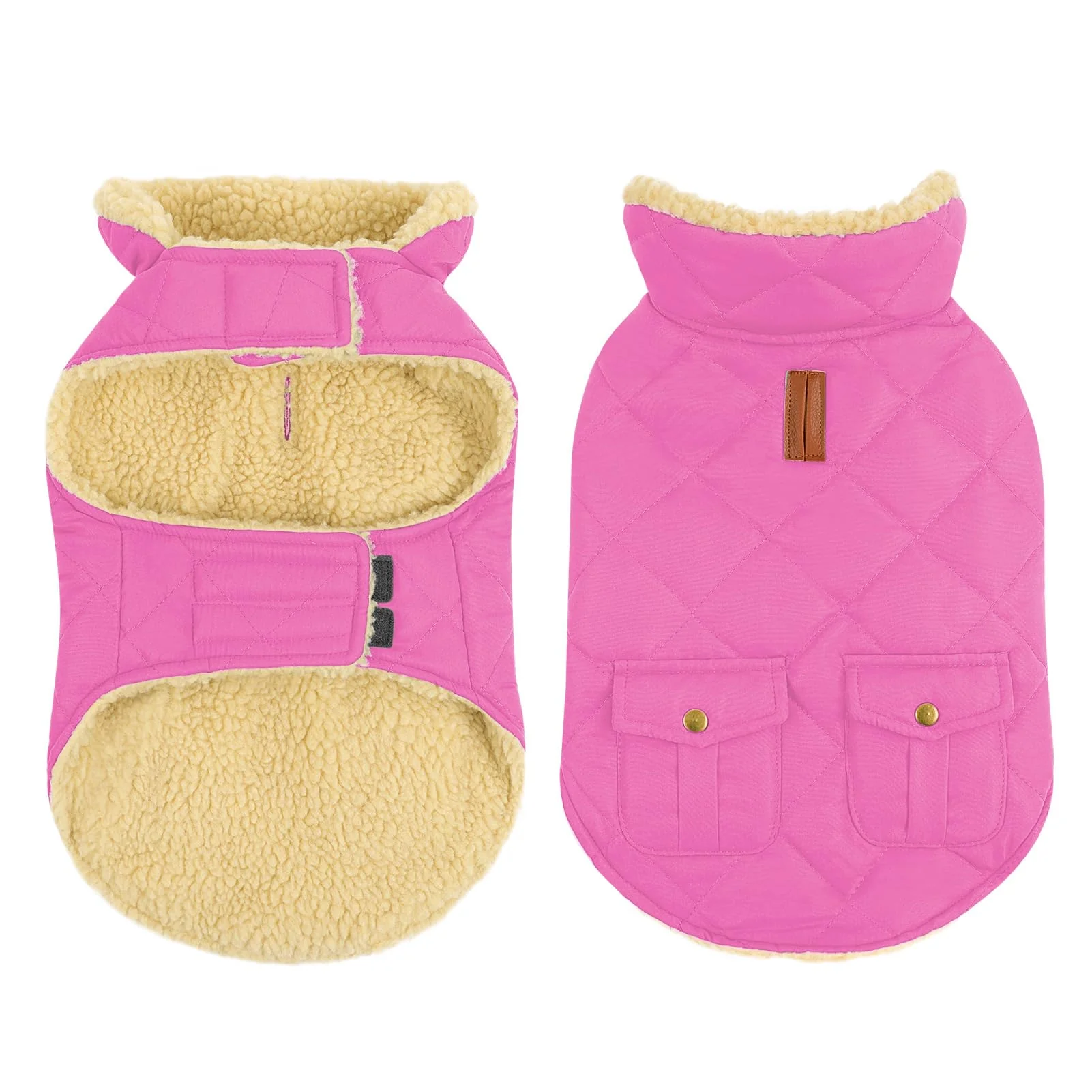 Fine Crafted Queenmore Dog Winter Coat – Pink Fleece Jacket Windproof Cold Weather Thick Padding Leash Hole Back Pockets Medium Practical