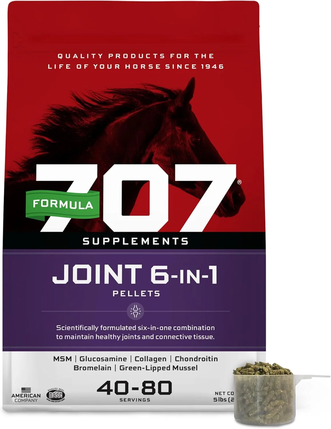 Formula 707 Joint 6in1 Equine Supplement 5 lb Bag - Support for Joint Integrity and Inflammatory Response in Horses - Green-Lipped Mussel MSM Glucosamine Chondroitin Collagen Convenient