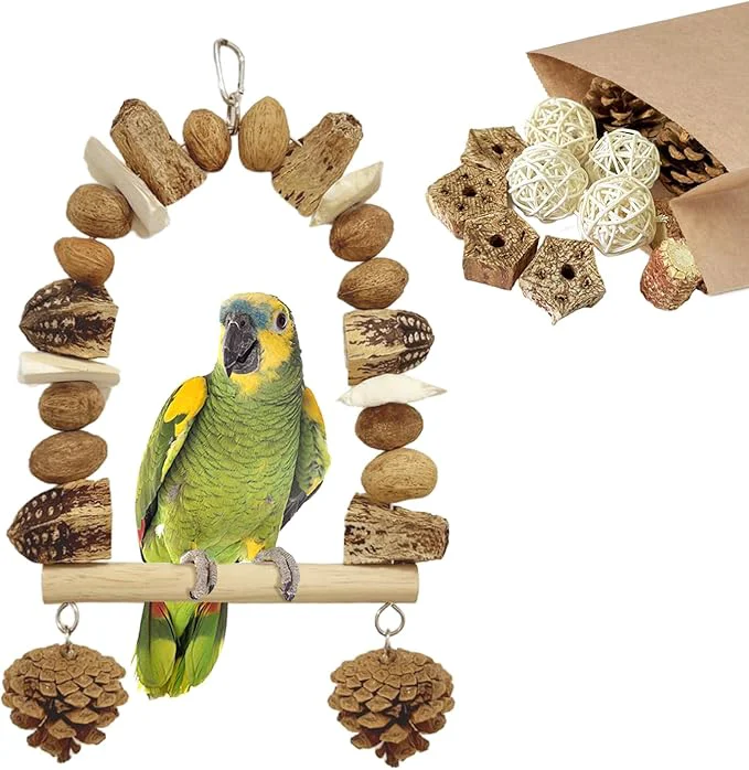 World-Class Nut Perch Stand with Interchangeable Materials – Natural Safe Bird Playset Minimalist