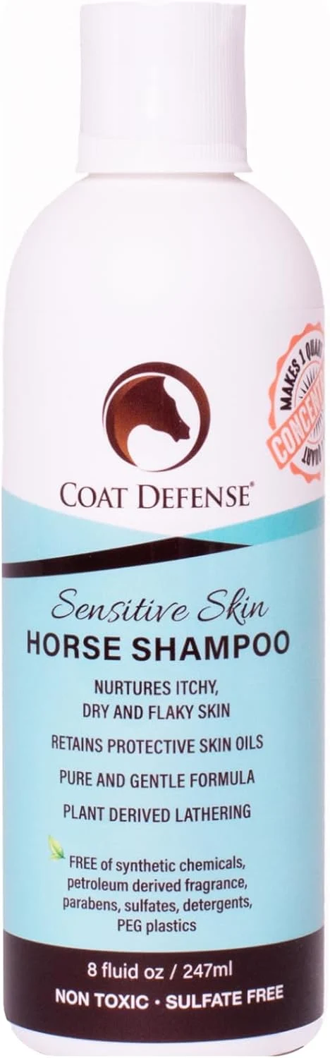 High-Grade COAT DEFENSE Sensitive Skin Shampoo for Horses All-Natural Made in USA Hypoallergenic Aloe Based - Soothes and Relieves Itchy Dry and Inflamed Skin Safe for Everyone 8oz. Concentrated Pure